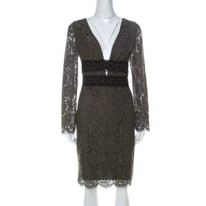 Pre Owned Diane Von Furstenberg Olive Green V-Neck Viera Lace Dress L