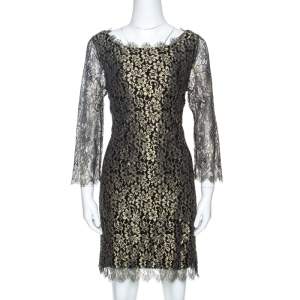 Pre Owned Diane Von Furstenberg Black & Gold Lace Zarita Shift Dress L 