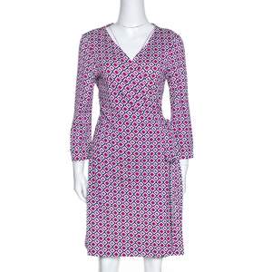 Pre Owned Diane von Furstenberg Pink Geometric Print New Julian Two Mini Wrap Dress XL