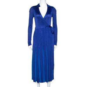 Pre Owned Diane von Furstenberg Blue Jersey Pleated Stevie Wrap Dress S