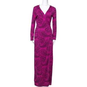 Pre Owned Diane Von Furstenberg Pink Silk Jersey New Julian Long Banded Wrap Dress M