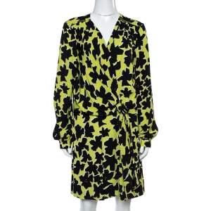 Pre Owned Diane Von Furstenberg Green/Black Silk Crepe Print Dora Lily Midi Dress L