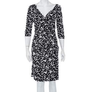 Pre Owned Diane Von Furstenberg  Monochrome Abstract Printed Knit Ruched Bentley Dress M
