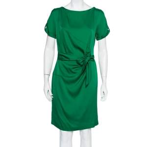 Pre Owned Diane Von Furstenberg Green Silk Satin Draped Faux Wrap Leron Dress L