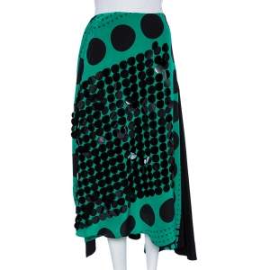 Pre Owned Diane von Furstenberg Black & Green Printed Sequined Silk Draped Skirt S
