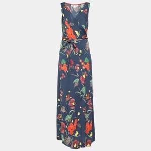 Pre Owned Diane Von Furstenberg Blue Floral Printed Silk Wrap Dress L
