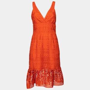 Pre Owned Diane von Furstenberg Orange Lace Flounce Tiana Sleeveless Dress M