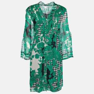Pre Owned Diane von Furstenberg Green Printed Silk Chiffon Layla Shirt Dress L