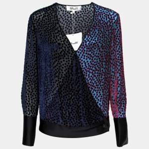 Pre Owned Diane von Furstenberg Blue & Red Polka Dotted Velvet Chiffon Wrap Blouse P