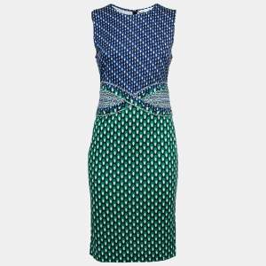 Pre Owned Diane von Furstenberg  Blue & Green Printed Stretch Silk Evita Midi Dress S