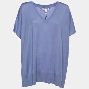 Pre Owned Diane Von Furstenberg Blue Silk & Cashmere V-Neck Knit Top L