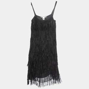 Pre Owned Diane Von Furstenberg Black Silk Fringe Detail Strappy Mini Flap Dress M