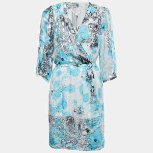 Pre Owned Diane Von Furstenberg Blue Met Dot Silk Mini Wrap Dress L