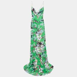 Diane Von Furstenberg Green Floral Printed Silk Cowl Neck Maxi Dress XL