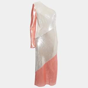 Pre Owned Diane Von Furstenberg White/Pink Sequined One Shoulder Midi Dress M