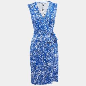 Diane Von Furstenberg Blue Printed Knit New Yahzi Sleeveless Wrap Mini Dress M