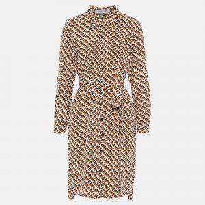 Diane Von Furstenberg Brown Chain Print Silk Belted Dress M