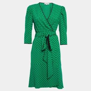 Pre Owned Diane Von Furstenberg Green Printed Crepe Wrap Short Dress M