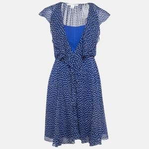 Diane Von Furstenberg Blue Printed Silk V Neck Ruffled Mini Dress XS