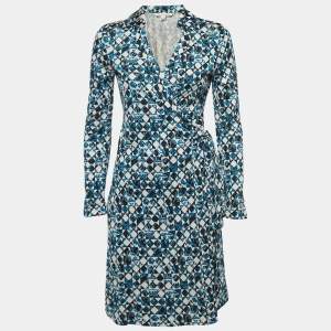 Diane Von Furstenberg Blue Printed Silk Jersey Wrap Dress M