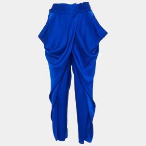Diane Von Furstenberg Royal Blue Silk Waist Bow Detail Pegged Pants S