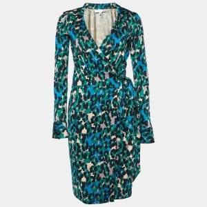 Pre Owned Diane Von Furstenberg Vintage Green Leopard Print Silk Judy Wrap Dress S