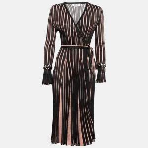 Pre Owned Diane Von Furstenberg Black/Pink Stretch Knit Edeline Wrap Dress S