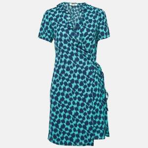 Diane Von Furstenberg Teal Blue Leopard Print Crepe Wrap Dress S 