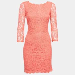 Diane Von Furstenberg Coral Pink Lace Long Sleeve Mini Dress S