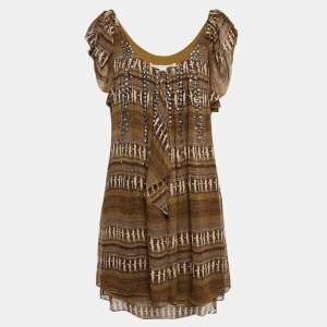 Diane Von Furstenberg Brown Printed Silk Neck Detail Mini Dress L