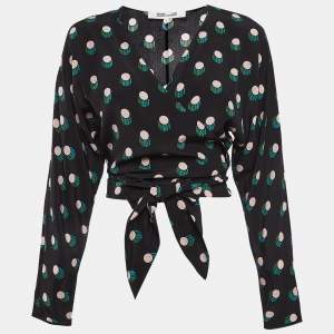 Diane Von Furstenberg Black Printed Tie-Up Crop Top S