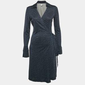 Diane Von Furstenberg Navy Blue Animal Print Silk Jersey Cybil Wrap Dress M