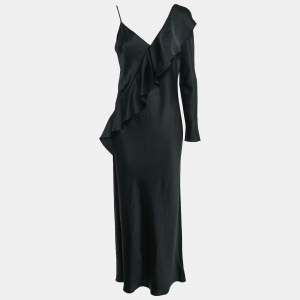 Diane Von Furstenberg Black Satin Ruffled One-Shoulder Long Dress M