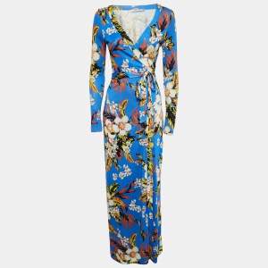 Pre Owned Diane Von Furstenberg Blue Floral Print Jersey Wrap Dress S