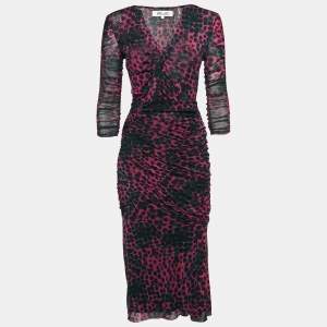 Pre Owned Diane Von Furstenberg Pink Leopard Print Stretch Mesh Ruched Midi Dress S