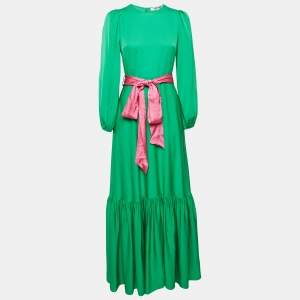 Pre Owned Diane Von Furstenberg Green Silk Belted Flounce Amabel Maxi Dress S
