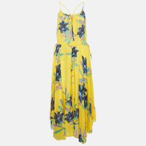 Diane Von Furstenberg Yellow Floral Print Cotton Blend Tie-Up Detail Maxi Dress S