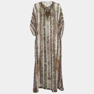 Diane von Furstenberg Grey Printed Silk Clare Beaded Sheer Maxi Kaftan L