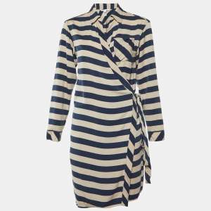 Diane Von Furstenberg Navy Blue Striped Stretch Silk Wrap Dress M