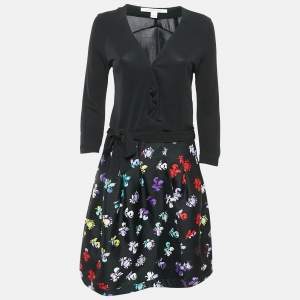 Diane Von Furstenberg Black Floral Print Wool Blend and Jersey Jewel Wrap Dress M