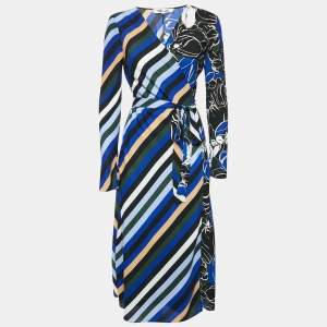 Pre Owned Diane Von Furstenberg Blue/Multicolor Printed Crepe Wrap Dress S
