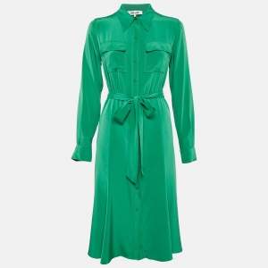 Pre Owned Diane Von Furstenberg Green Silk Button Front Belted Midi Dress S
