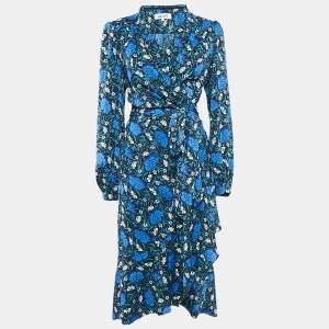 Pre Owned Diane Von Furstenberg Blue Floral Print Crepe Carla Wrap Dress L