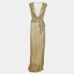 Pre Owned Diane Von Furstenberg Metallic Gold Knit Sleeveless Maxi Wrap Dress M