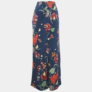 Diane Von Furstenberg Blue Floral Print Crepe Wide Leg Pants M