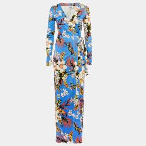 Diane Von Furstenberg Blue Floral Print Silk Jersey Maxi Wrap Dress S