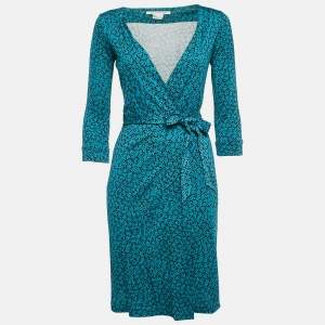 Diane Von Furstenberg Blue Floral Print Silk Jersey Wrap Dress S