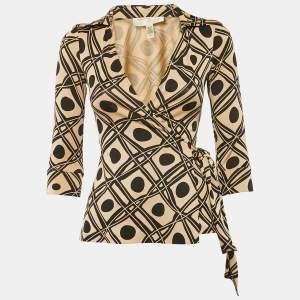 Diane von Furstenberg Beige/Black Printed Silk Jersey Jill Wrap Top XS