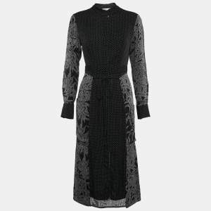 Pre Owned Diane Von Furstenberg Black Printed Silk Button Front Midi Dress S