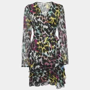 Pre Owned Diane Von Furstenberg Black/Multicolor Newspaper Print Crepe Wrap Dress M
